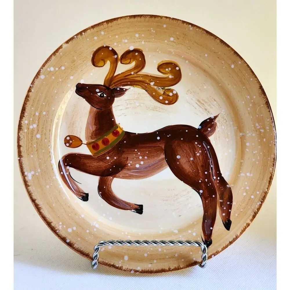 Tabletops Gallery Winter Wonderland Reindeer Plate Hand Painted Christmas 8.5